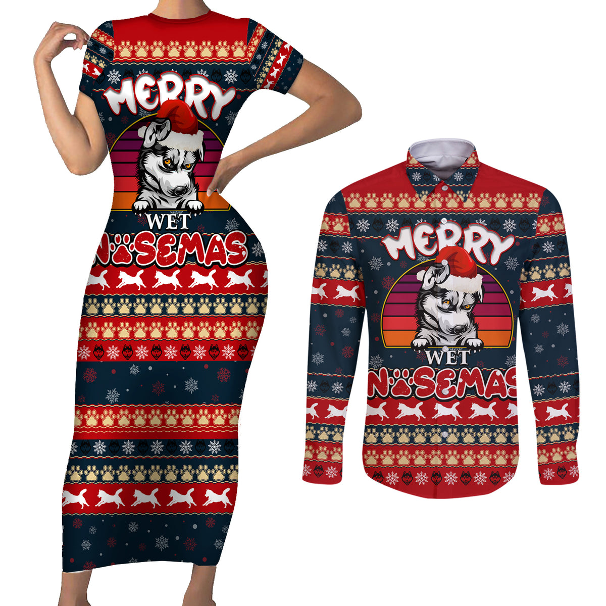 Merry Wet Nosemas Couples Matching Short Sleeve Bodycon Dress and Long Sleeve Button Shirt Christmas Husky - Wonder Print Shop