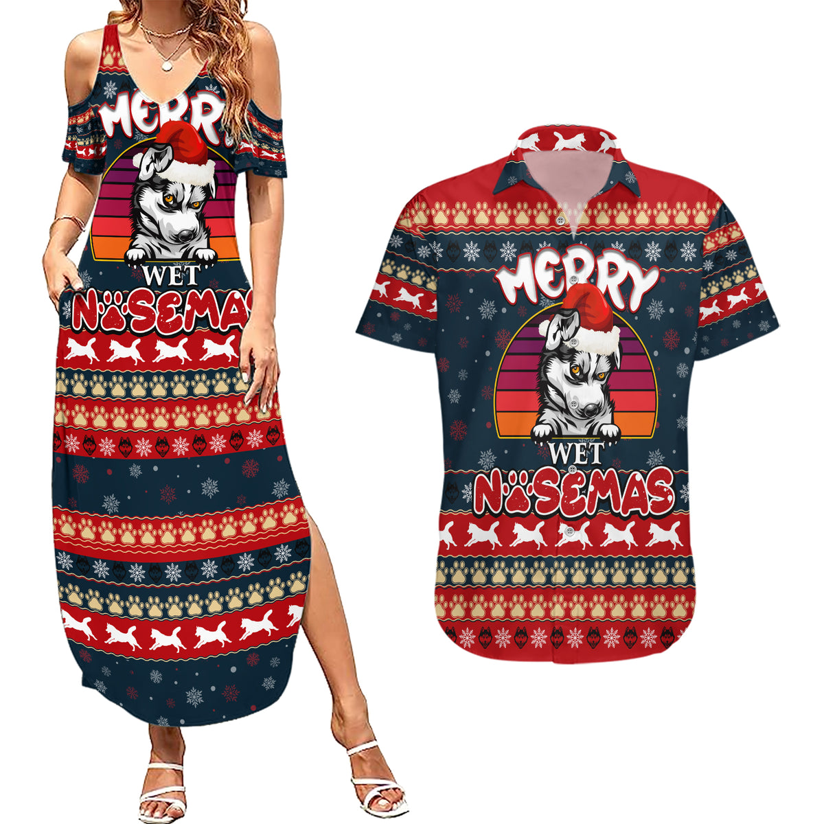 Merry Wet Nosemas Couples Matching Summer Maxi Dress and Hawaiian Shirt Christmas Husky - Wonder Print Shop