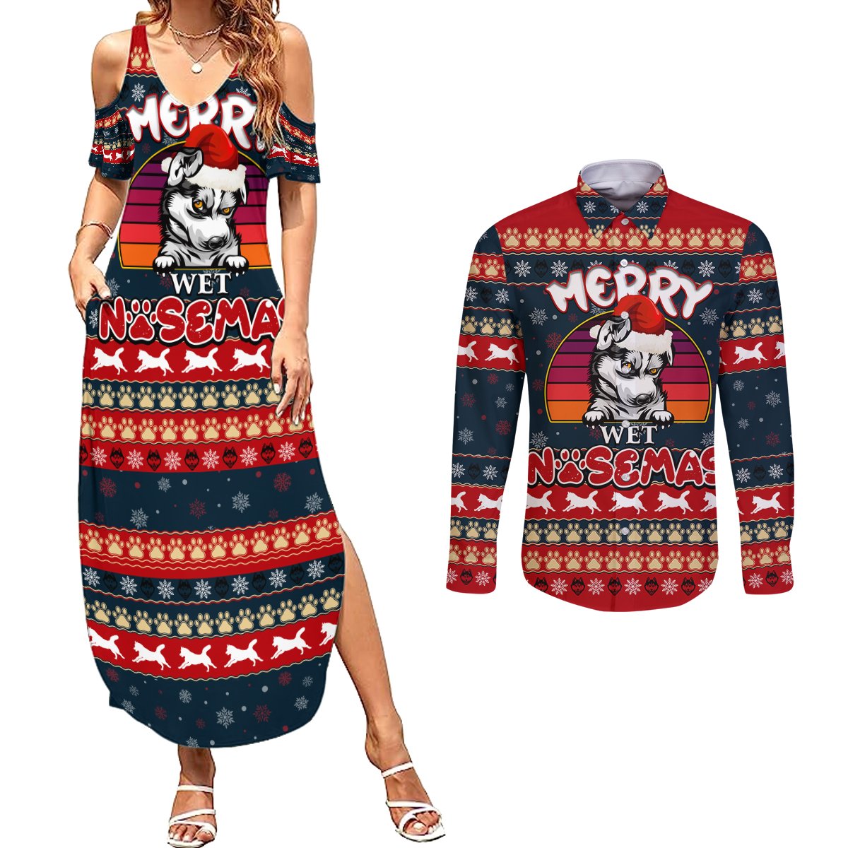Merry Wet Nosemas Couples Matching Summer Maxi Dress and Long Sleeve Button Shirt Christmas Husky - Wonder Print Shop