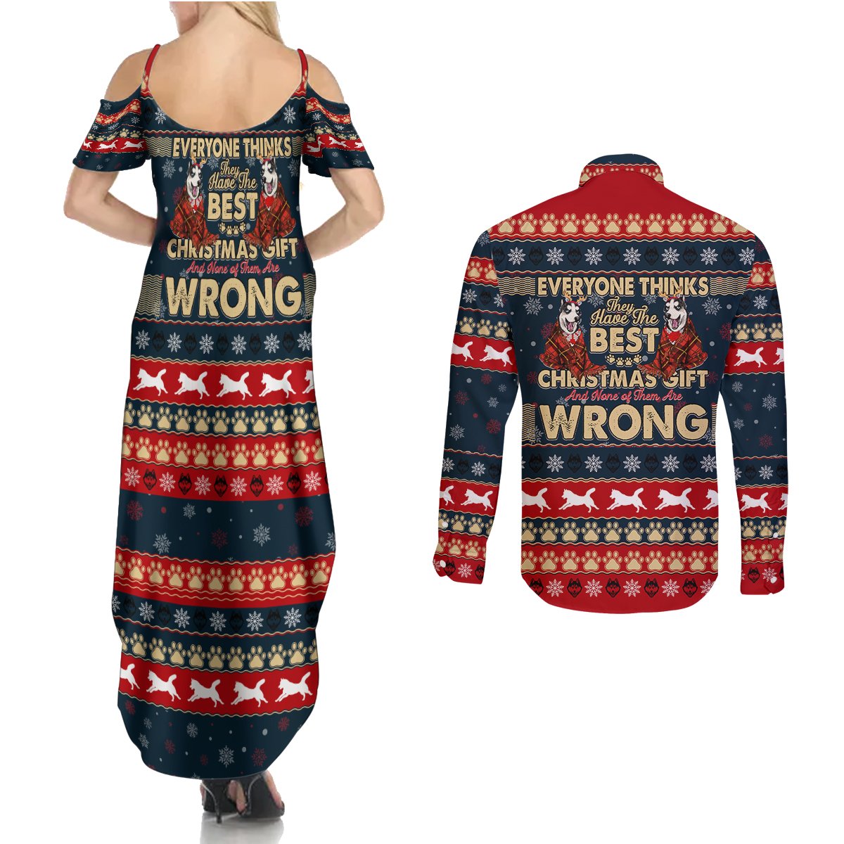 Merry Wet Nosemas Couples Matching Summer Maxi Dress and Long Sleeve Button Shirt Christmas Husky - Wonder Print Shop