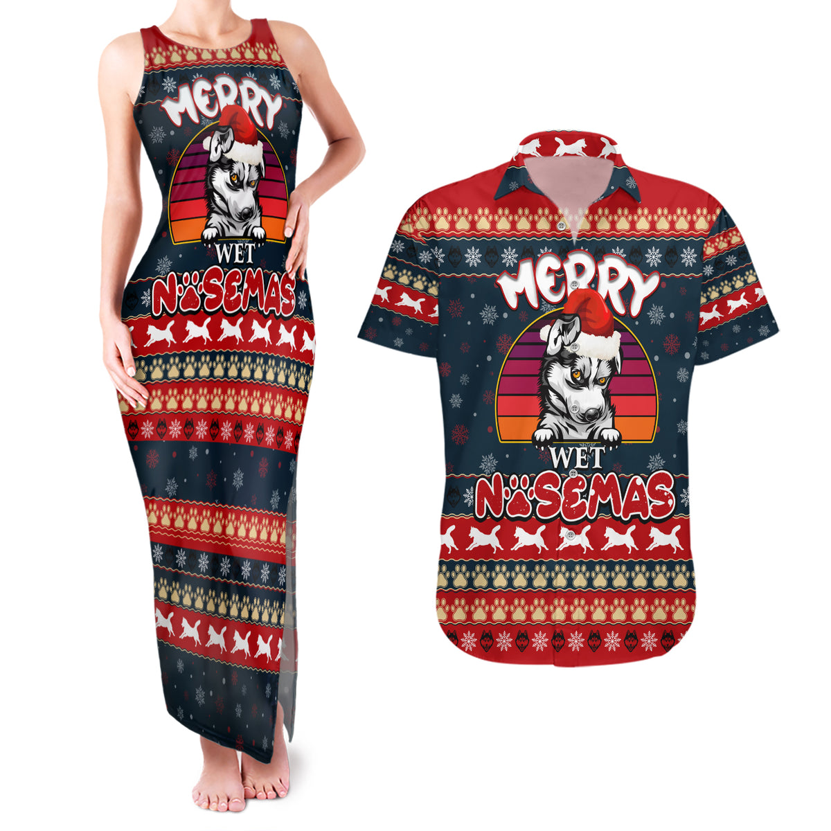 Merry Wet Nosemas Couples Matching Tank Maxi Dress and Hawaiian Shirt Christmas Husky - Wonder Print Shop