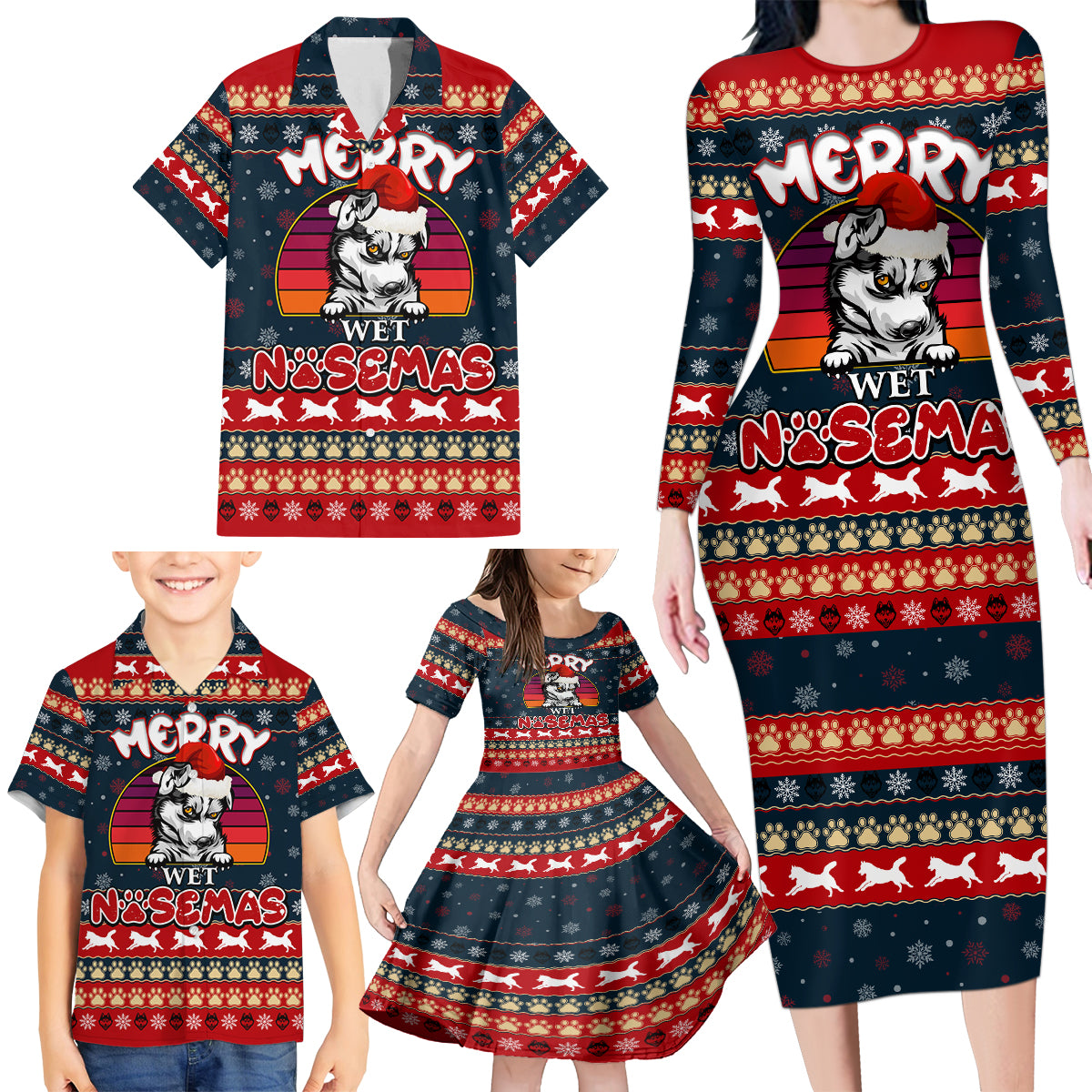 Merry Wet Nosemas Family Matching Long Sleeve Bodycon Dress and Hawaiian Shirt Christmas Husky - Wonder Print Shop
