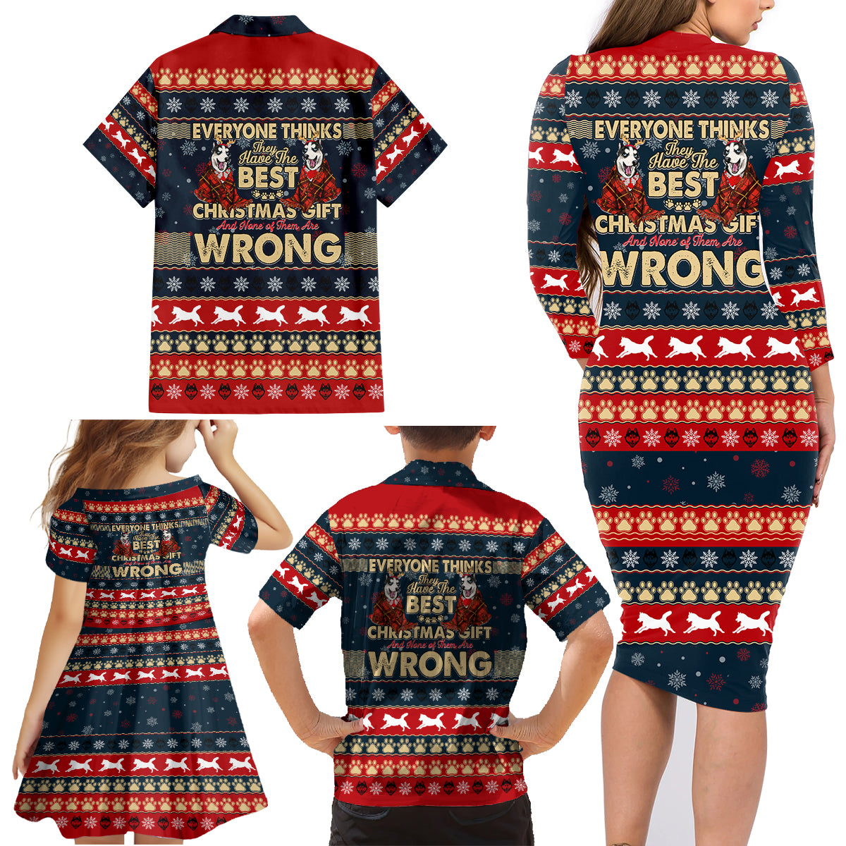 Merry Wet Nosemas Family Matching Long Sleeve Bodycon Dress and Hawaiian Shirt Christmas Husky - Wonder Print Shop