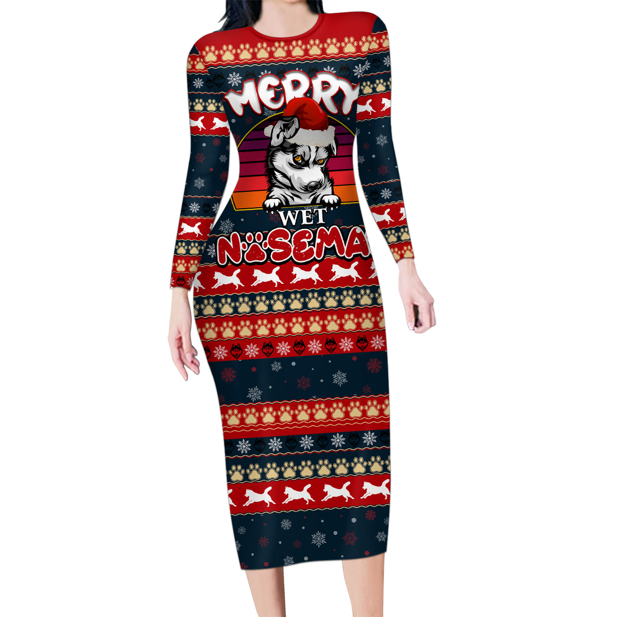 Merry Wet Nosemas Family Matching Long Sleeve Bodycon Dress and Hawaiian Shirt Christmas Husky - Wonder Print Shop