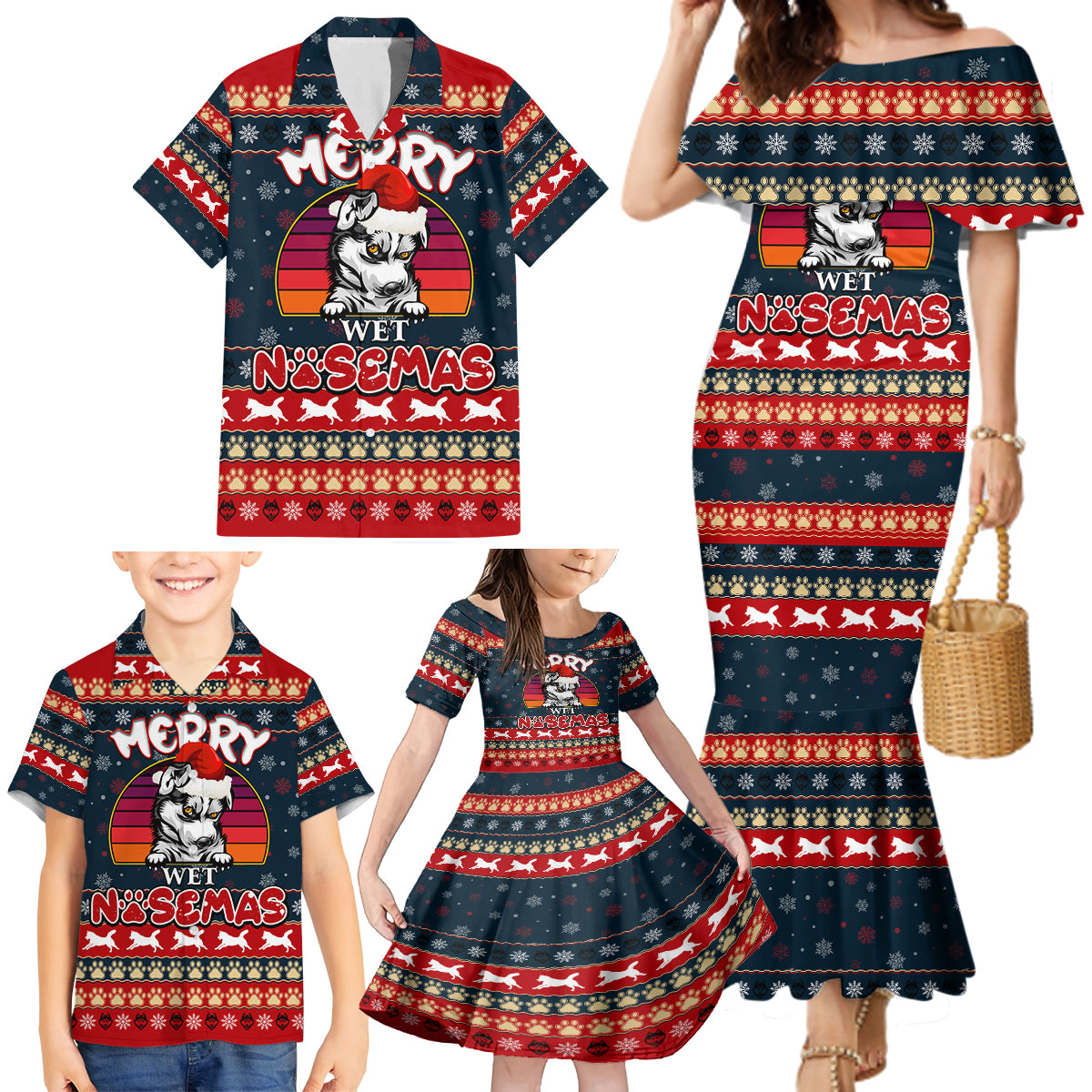 Merry Wet Nosemas Family Matching Mermaid Dress and Hawaiian Shirt Christmas Husky - Wonder Print Shop