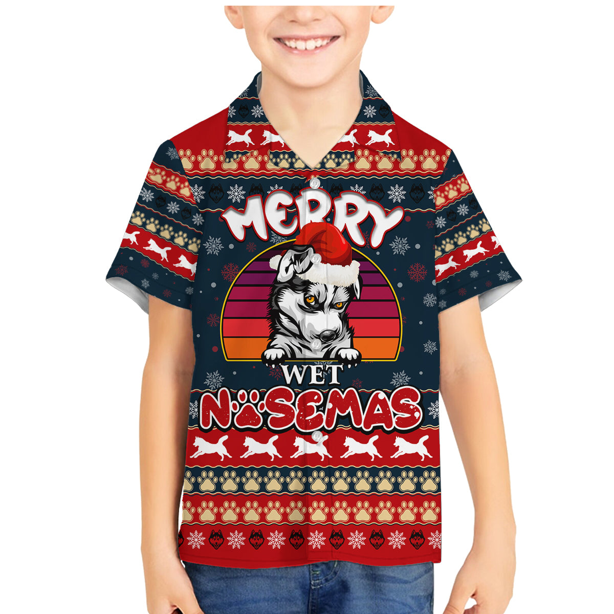 Merry Wet Nosemas Family Matching Mermaid Dress and Hawaiian Shirt Christmas Husky - Wonder Print Shop