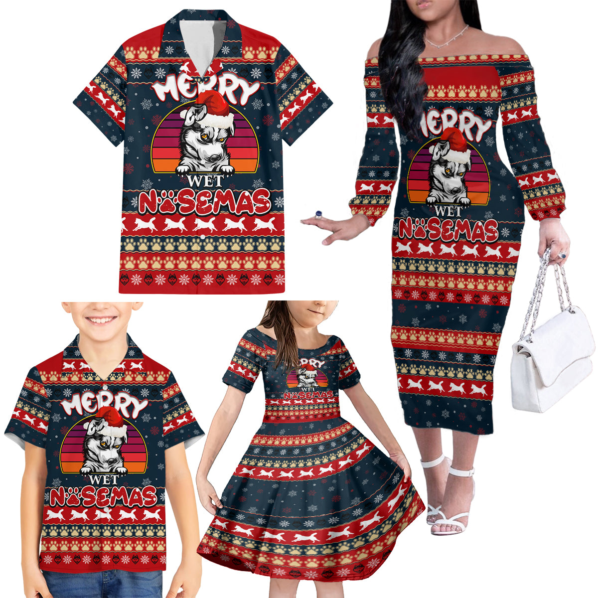 Merry Wet Nosemas Family Matching Off Shoulder Long Sleeve Dress and Hawaiian Shirt Christmas Husky - Wonder Print Shop