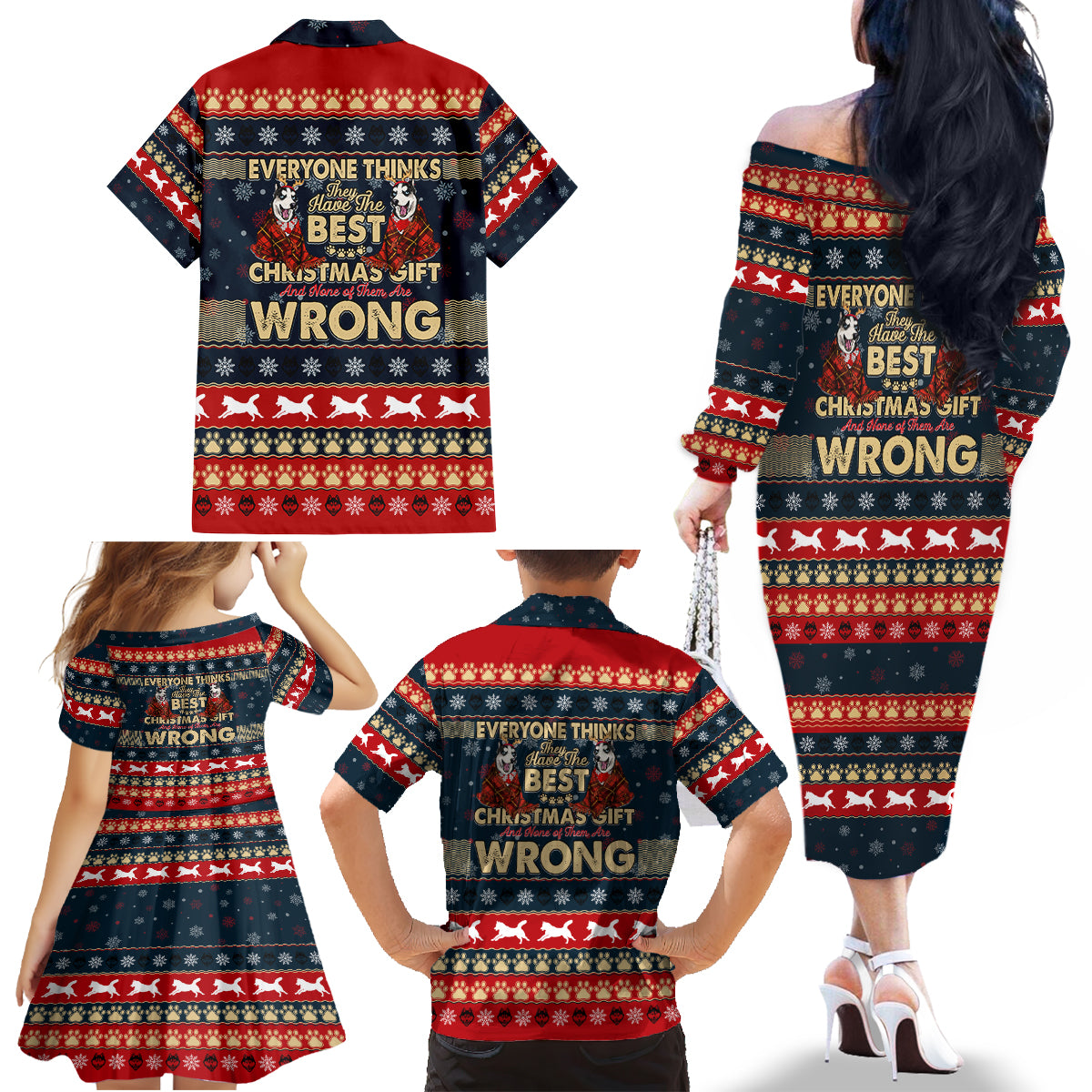 Merry Wet Nosemas Family Matching Off Shoulder Long Sleeve Dress and Hawaiian Shirt Christmas Husky - Wonder Print Shop