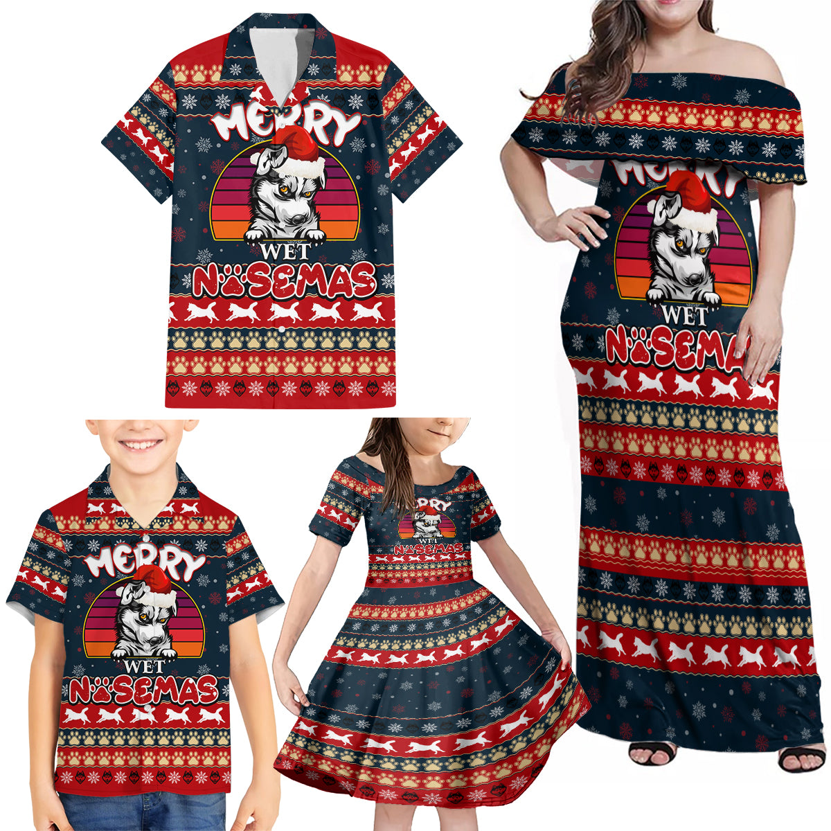 Merry Wet Nosemas Family Matching Off Shoulder Maxi Dress and Hawaiian Shirt Christmas Husky - Wonder Print Shop
