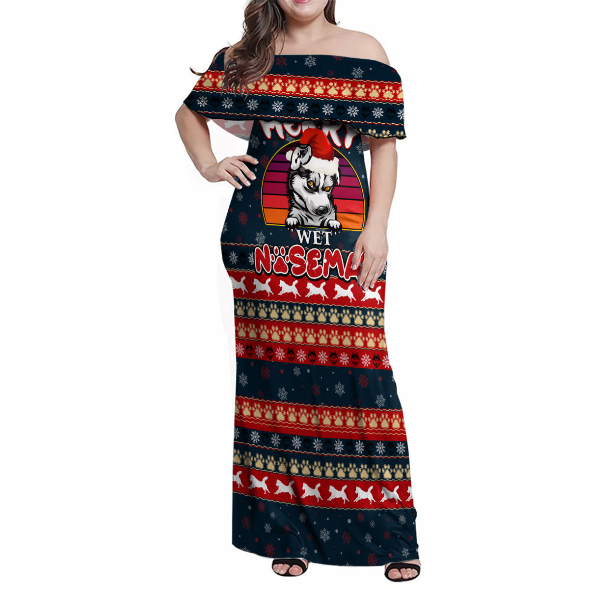 Merry Wet Nosemas Family Matching Off Shoulder Maxi Dress and Hawaiian Shirt Christmas Husky - Wonder Print Shop