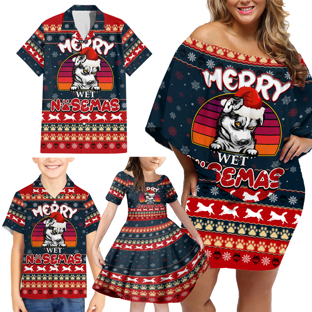 Merry Wet Nosemas Family Matching Off Shoulder Short Dress and Hawaiian Shirt Christmas Husky - Wonder Print Shop