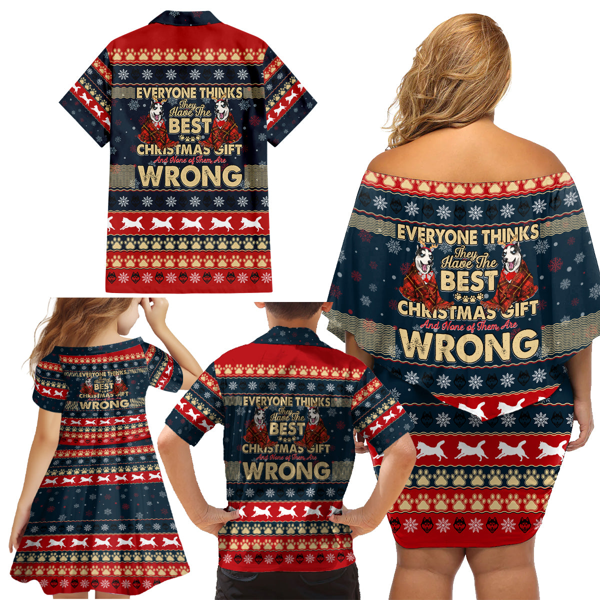 Merry Wet Nosemas Family Matching Off Shoulder Short Dress and Hawaiian Shirt Christmas Husky - Wonder Print Shop