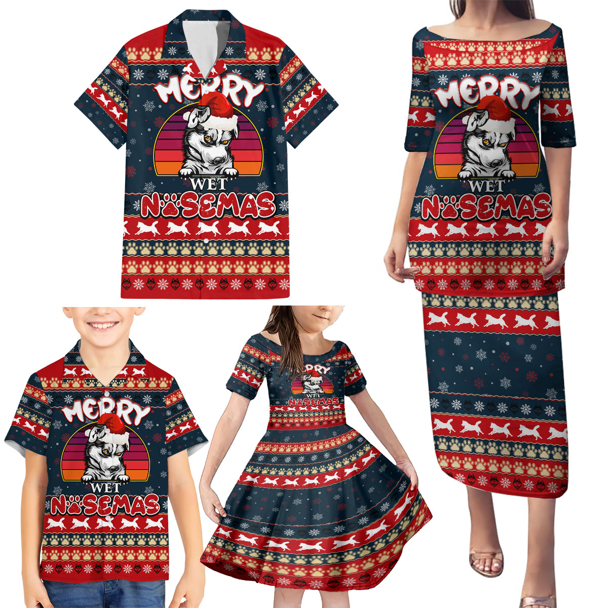 Merry Wet Nosemas Family Matching Puletasi Dress and Hawaiian Shirt Christmas Husky - Wonder Print Shop