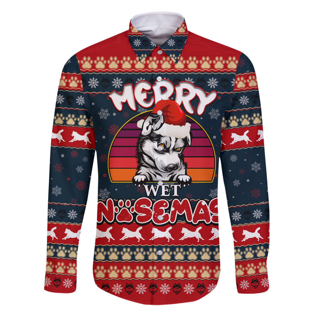 Merry Wet Nosemas Family Matching Puletasi Dress and Hawaiian Shirt Christmas Husky - Wonder Print Shop