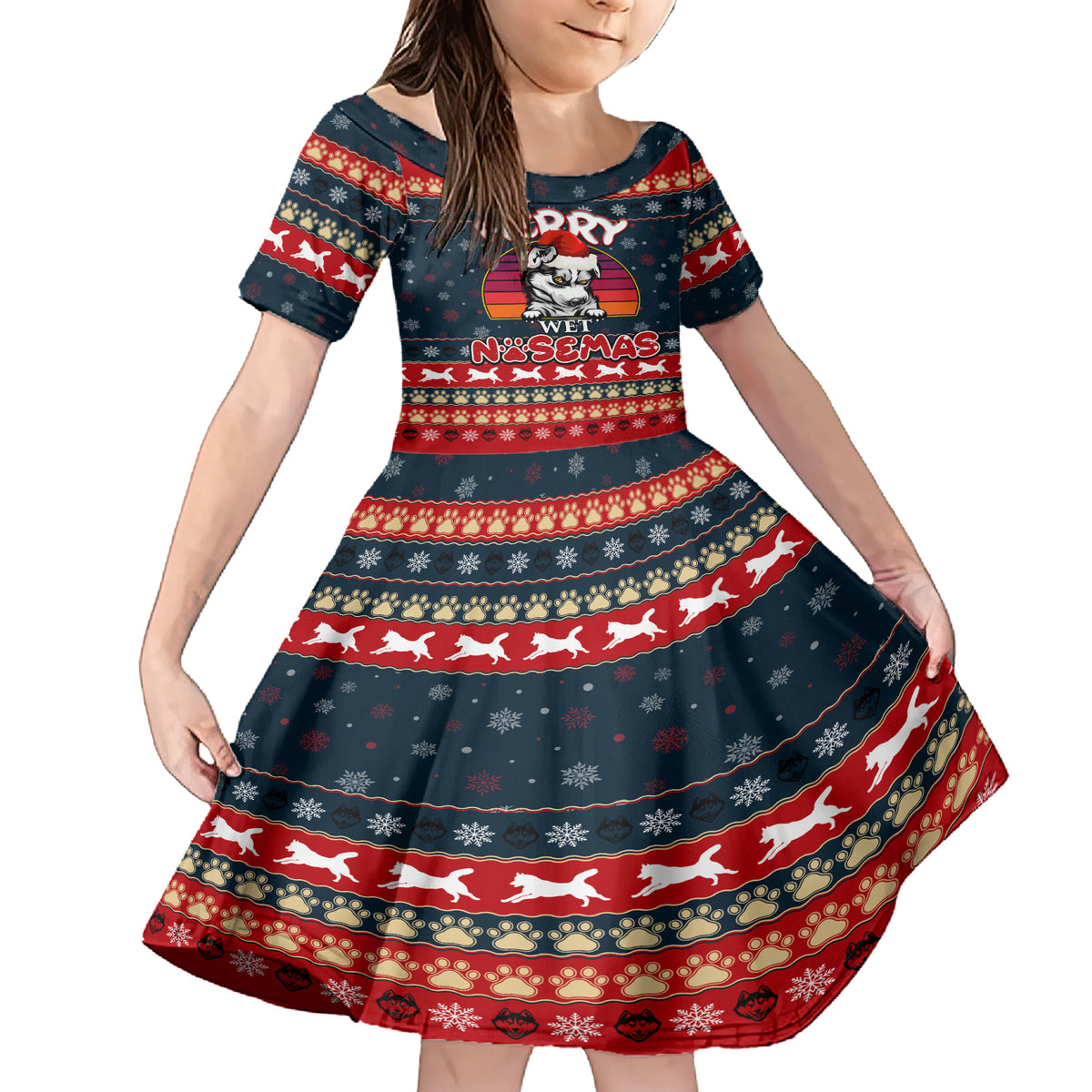 Merry Wet Nosemas Family Matching Short Sleeve Bodycon Dress and Hawaiian Shirt Christmas Husky - Wonder Print Shop