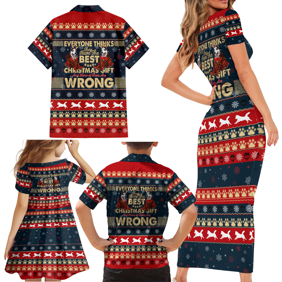 Merry Wet Nosemas Family Matching Short Sleeve Bodycon Dress and Hawaiian Shirt Christmas Husky - Wonder Print Shop