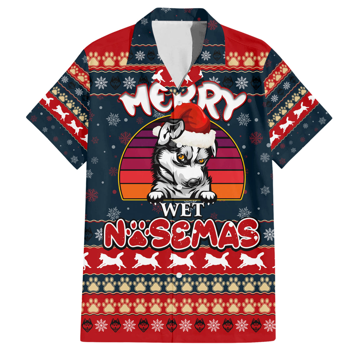 Merry Wet Nosemas Family Matching Short Sleeve Bodycon Dress and Hawaiian Shirt Christmas Husky - Wonder Print Shop