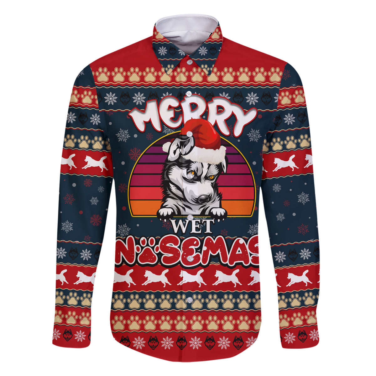 Merry Wet Nosemas Family Matching Short Sleeve Bodycon Dress and Hawaiian Shirt Christmas Husky - Wonder Print Shop