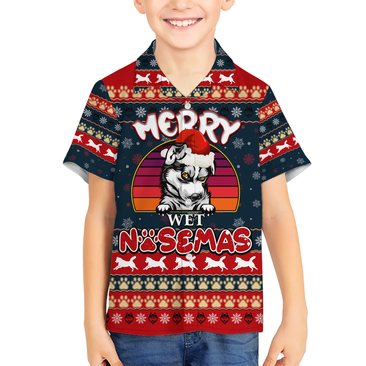 Merry Wet Nosemas Family Matching Short Sleeve Bodycon Dress and Hawaiian Shirt Christmas Husky - Wonder Print Shop