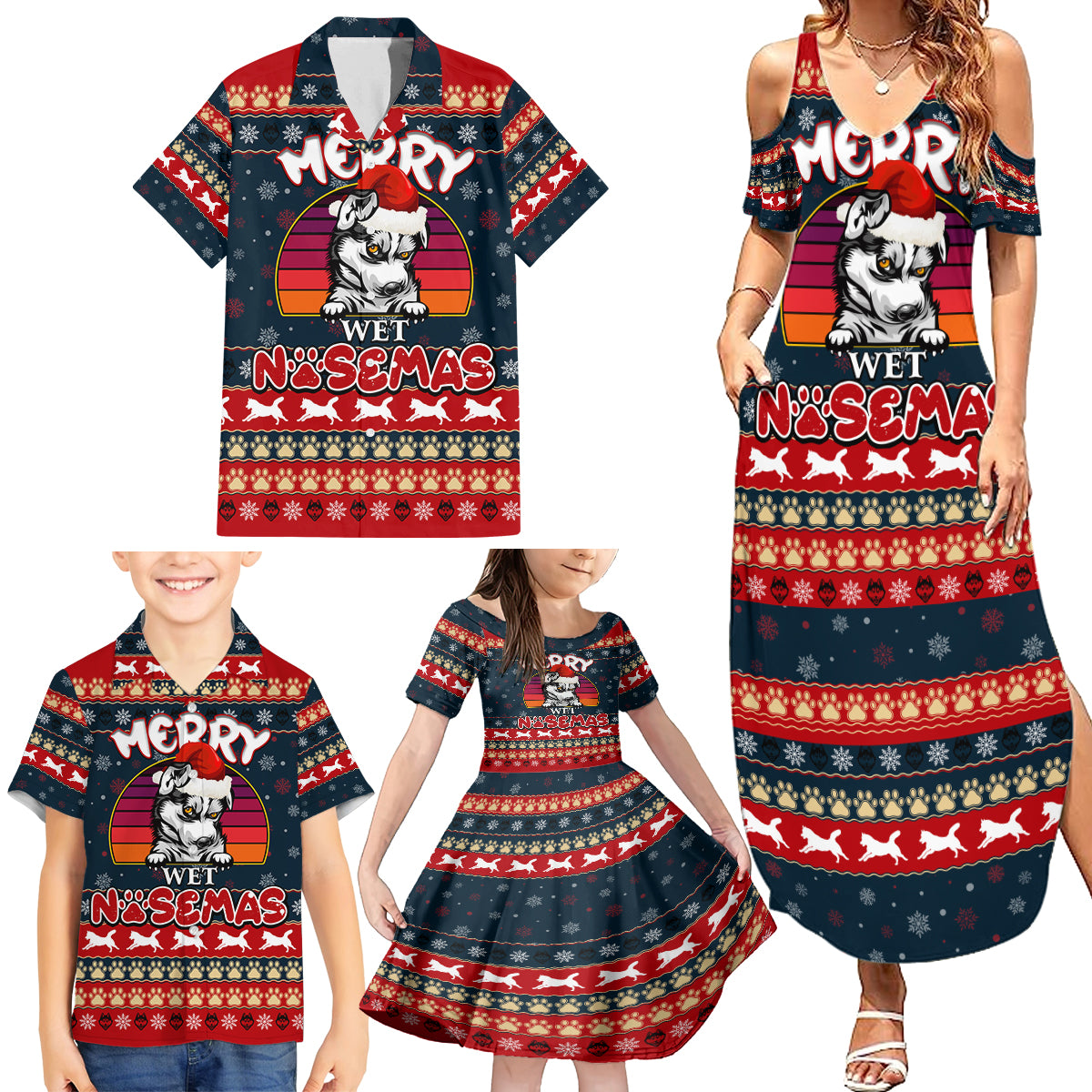 Merry Wet Nosemas Family Matching Summer Maxi Dress and Hawaiian Shirt Christmas Husky - Wonder Print Shop