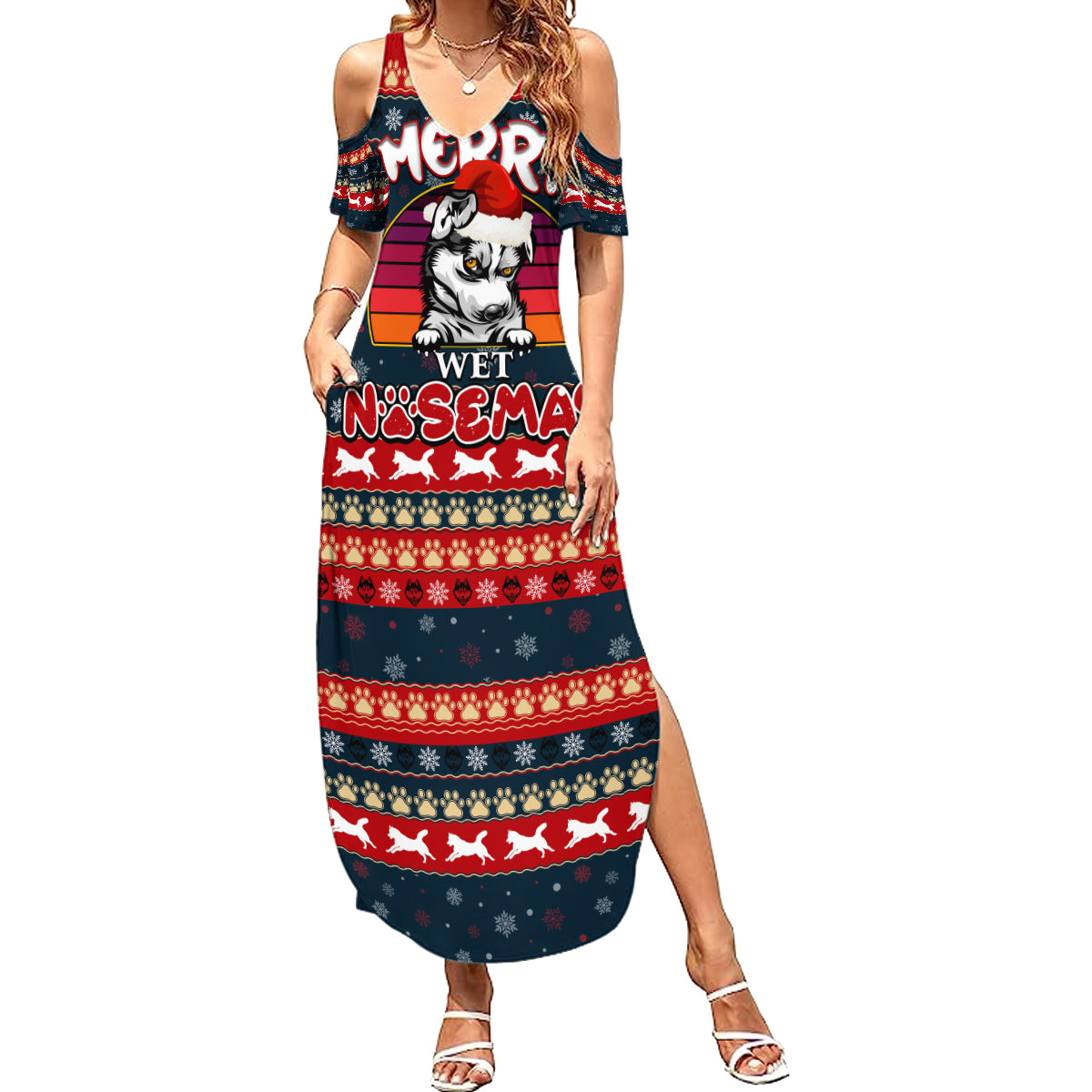 Merry Wet Nosemas Family Matching Summer Maxi Dress and Hawaiian Shirt Christmas Husky - Wonder Print Shop