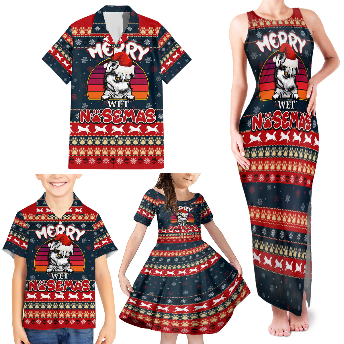Merry Wet Nosemas Family Matching Tank Maxi Dress and Hawaiian Shirt Christmas Husky - Wonder Print Shop