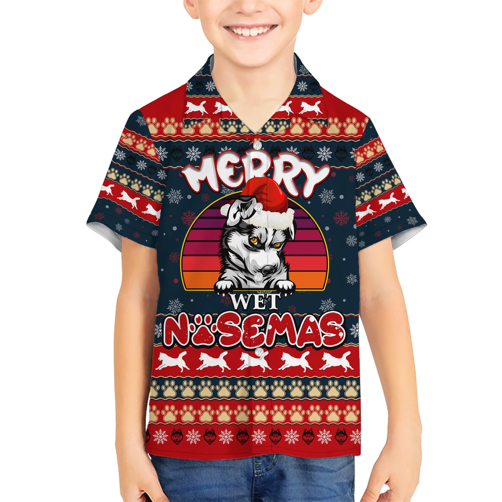 Merry Wet Nosemas Kid Hawaiian Shirt Christmas Husky - Wonder Print Shop