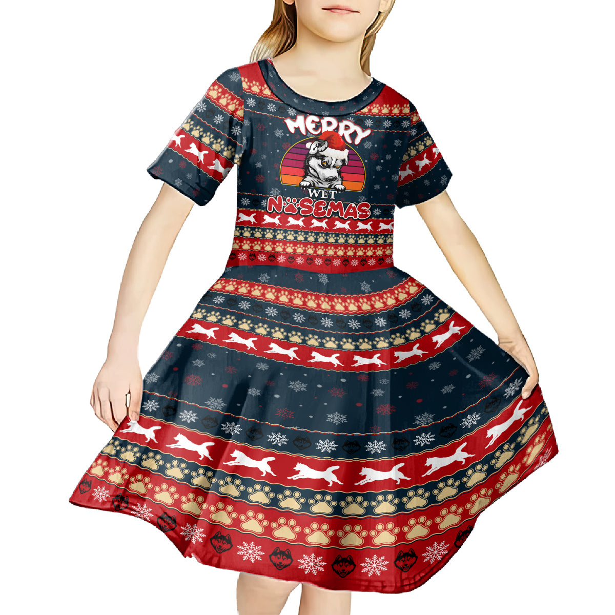 Merry Wet Nosemas Kid Short Sleeve Dress Christmas Husky - Wonder Print Shop
