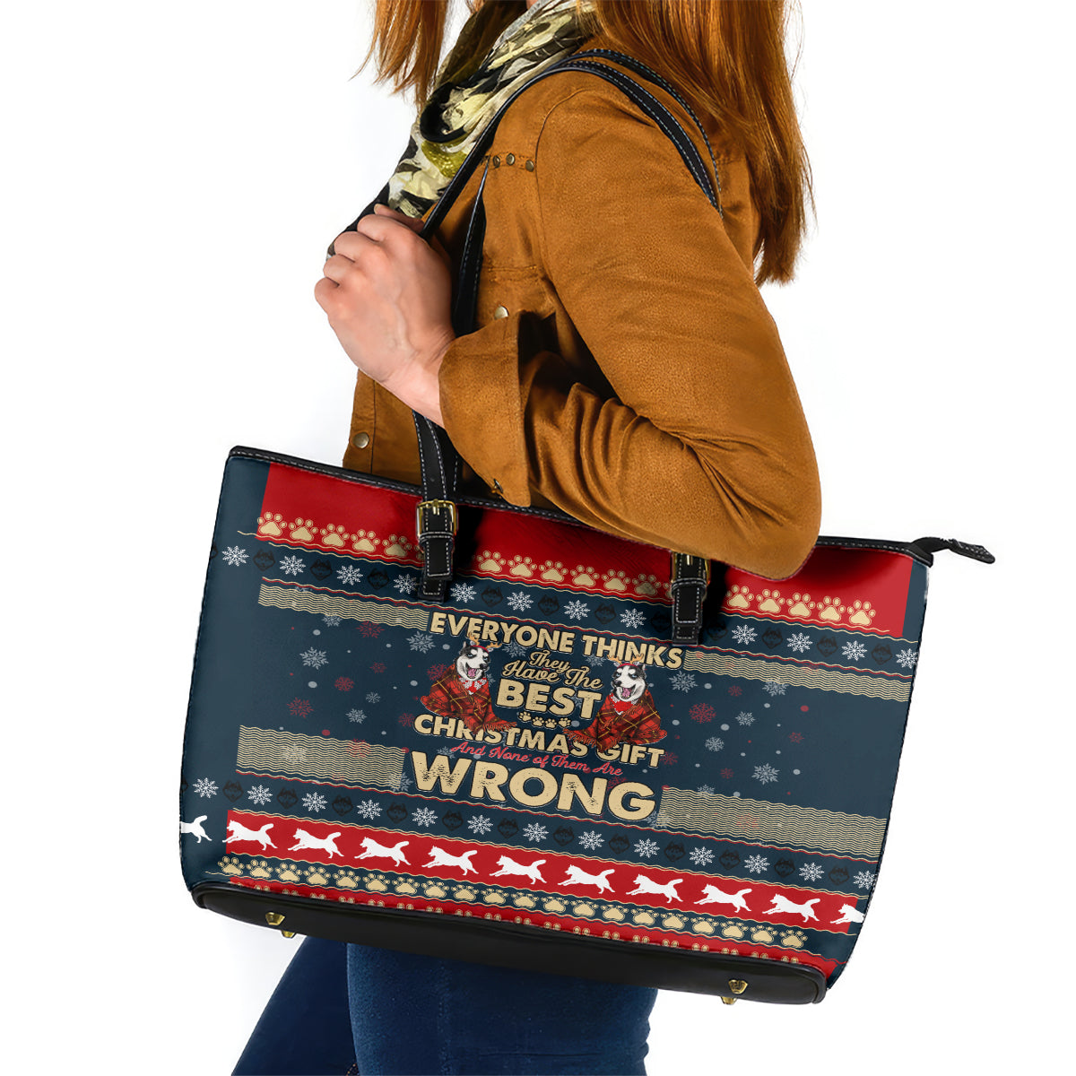 Merry Wet Nosemas Leather Tote Bag Christmas Husky - Wonder Print Shop
