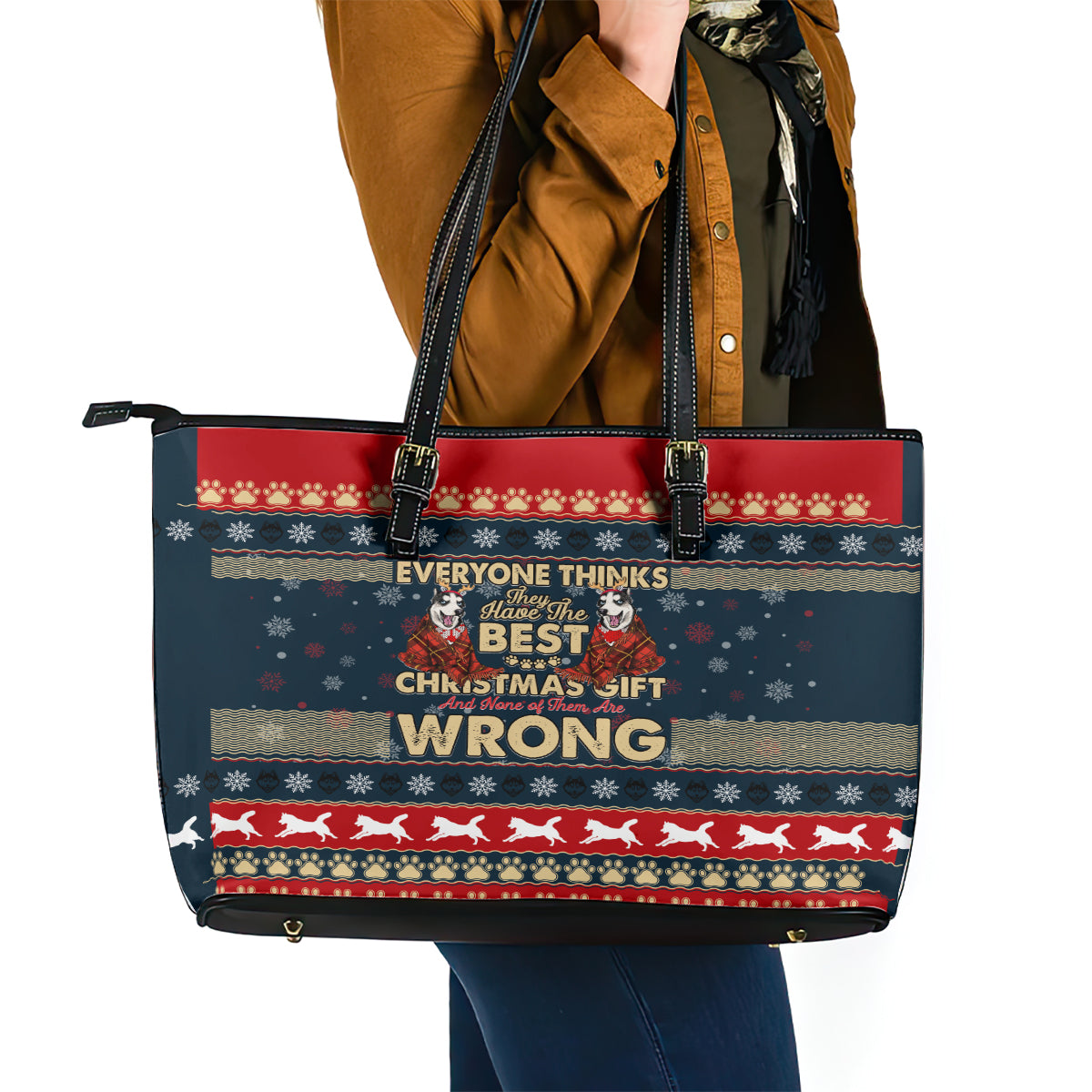 Merry Wet Nosemas Leather Tote Bag Christmas Husky - Wonder Print Shop
