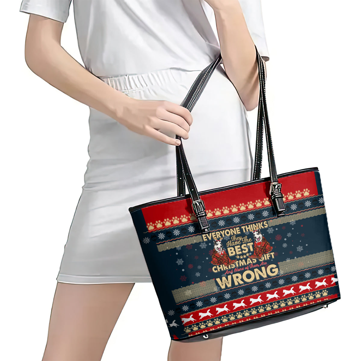 Merry Wet Nosemas Leather Tote Bag Christmas Husky - Wonder Print Shop