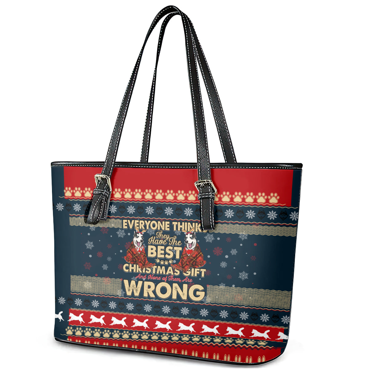Merry Wet Nosemas Leather Tote Bag Christmas Husky - Wonder Print Shop