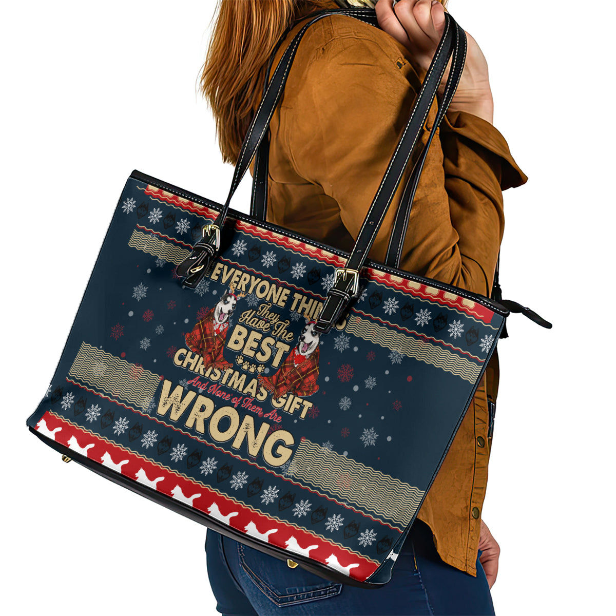 Merry Wet Nosemas Leather Tote Bag Christmas Husky - Wonder Print Shop