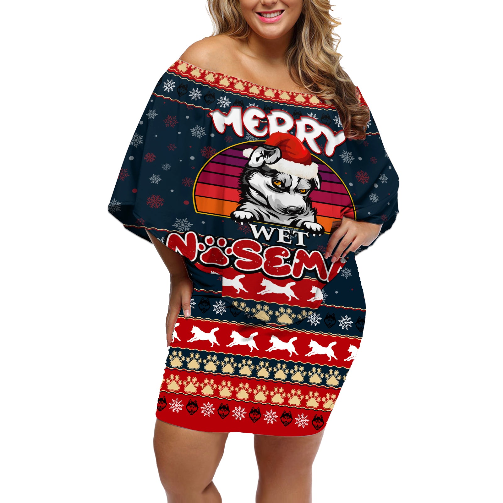 Merry Wet Nosemas Off Shoulder Short Dress Christmas Husky - Wonder Print Shop