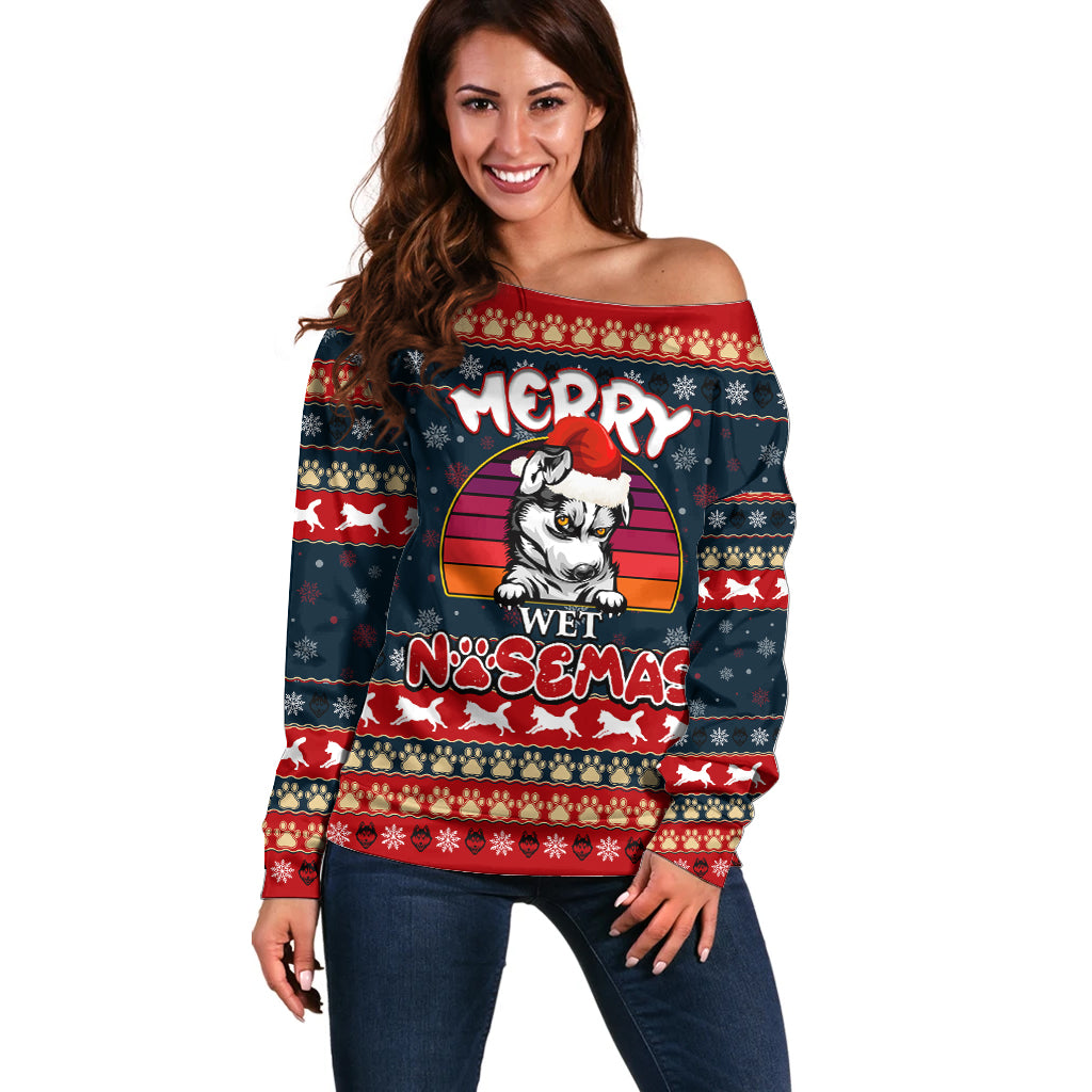 Merry Wet Nosemas Off Shoulder Sweater Christmas Husky - Wonder Print Shop