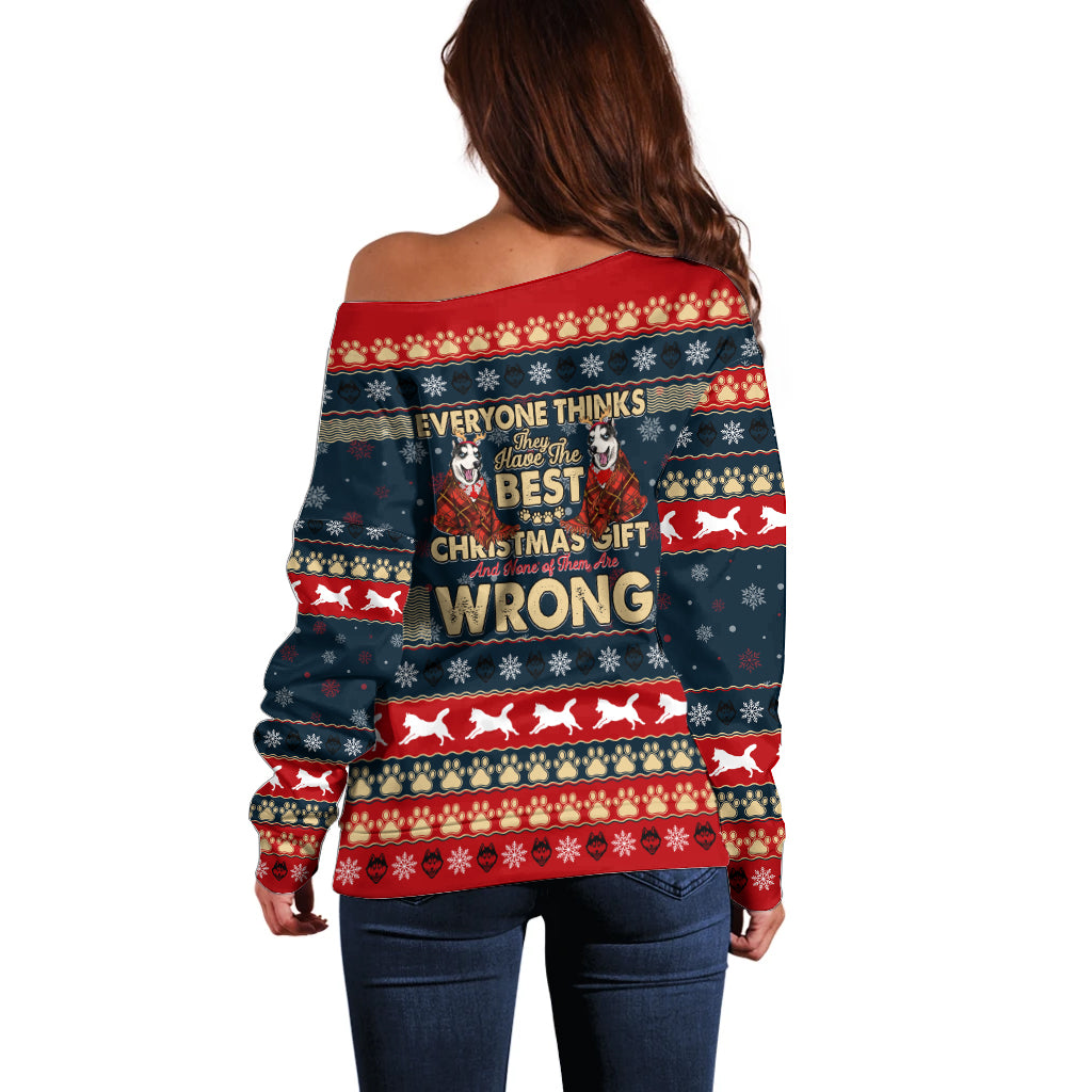 Merry Wet Nosemas Off Shoulder Sweater Christmas Husky - Wonder Print Shop