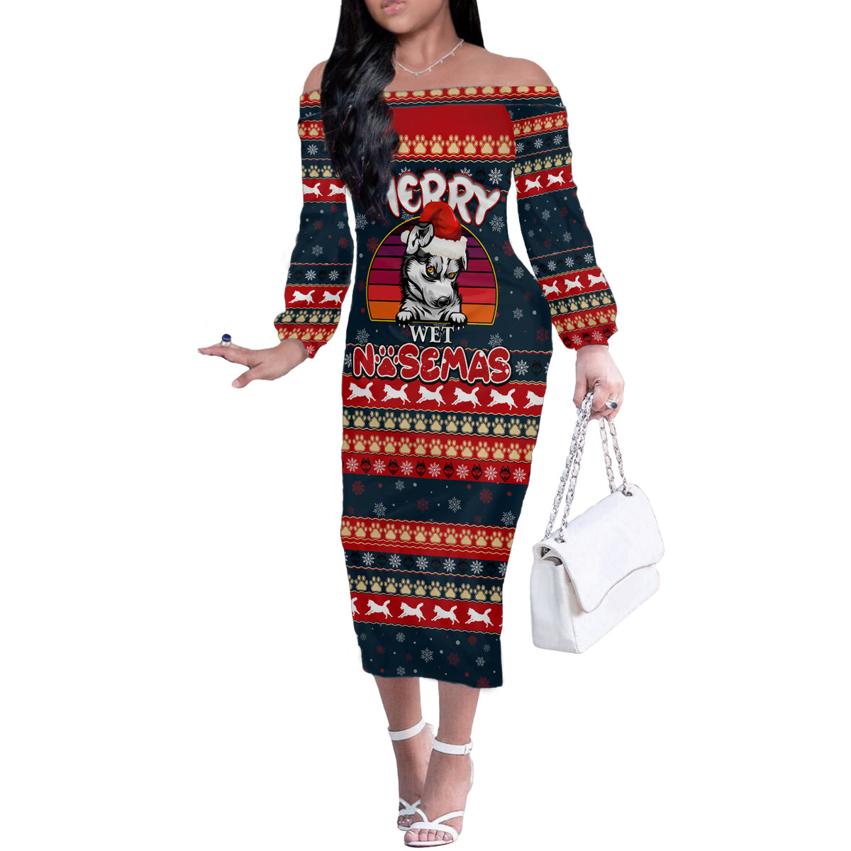Merry Wet Nosemas Off The Shoulder Long Sleeve Dress Christmas Husky - Wonder Print Shop