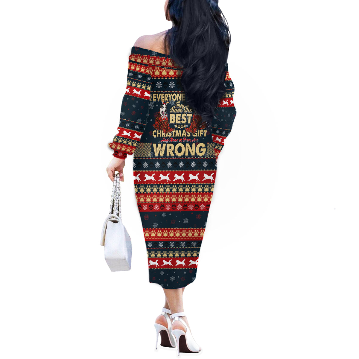 Merry Wet Nosemas Off The Shoulder Long Sleeve Dress Christmas Husky - Wonder Print Shop