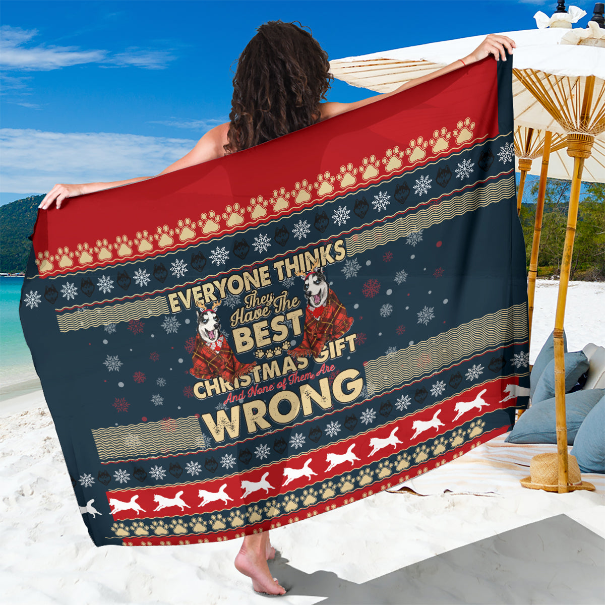 Merry Wet Nosemas Sarong Christmas Husky - Wonder Print Shop