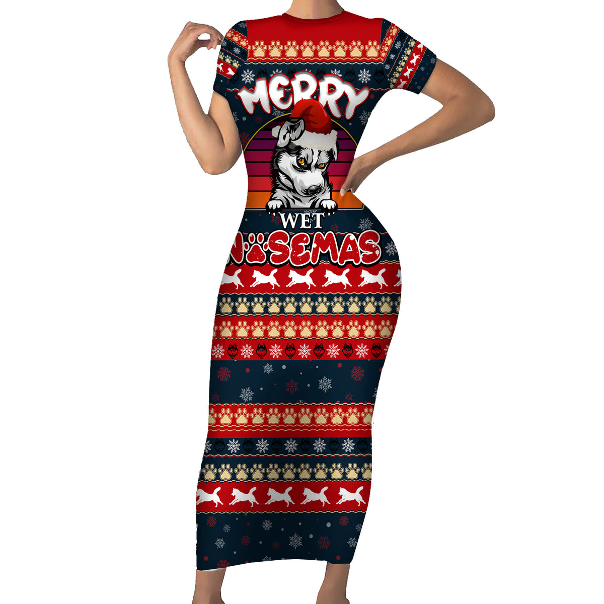 Merry Wet Nosemas Short Sleeve Bodycon Dress Christmas Husky - Wonder Print Shop
