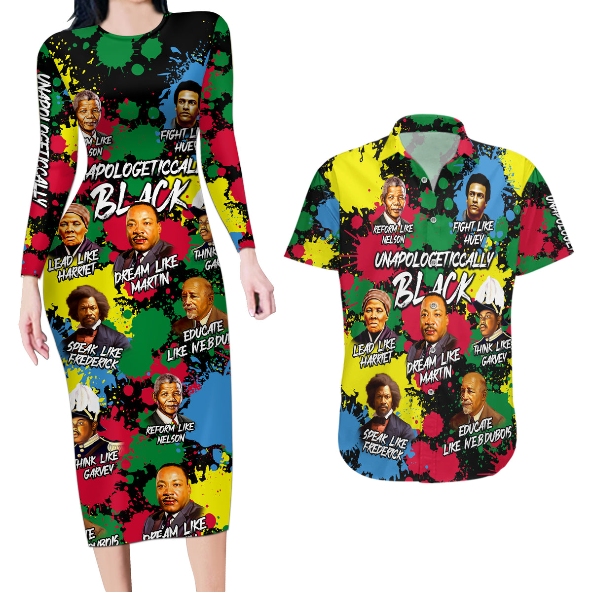 Unapologetically Black Couples Matching Long Sleeve Bodycon Dress and Hawaiian Shirt Civil Rights Leaders - Wonder Print Shop