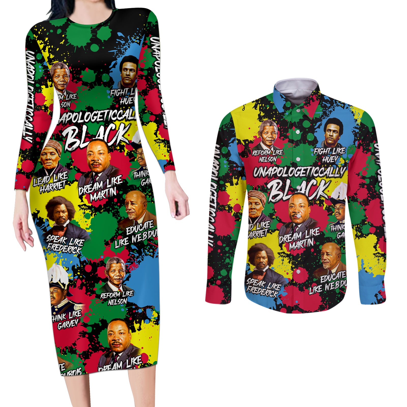 Unapologetically Black Couples Matching Long Sleeve Bodycon Dress and Long Sleeve Button Shirt Civil Rights Leaders