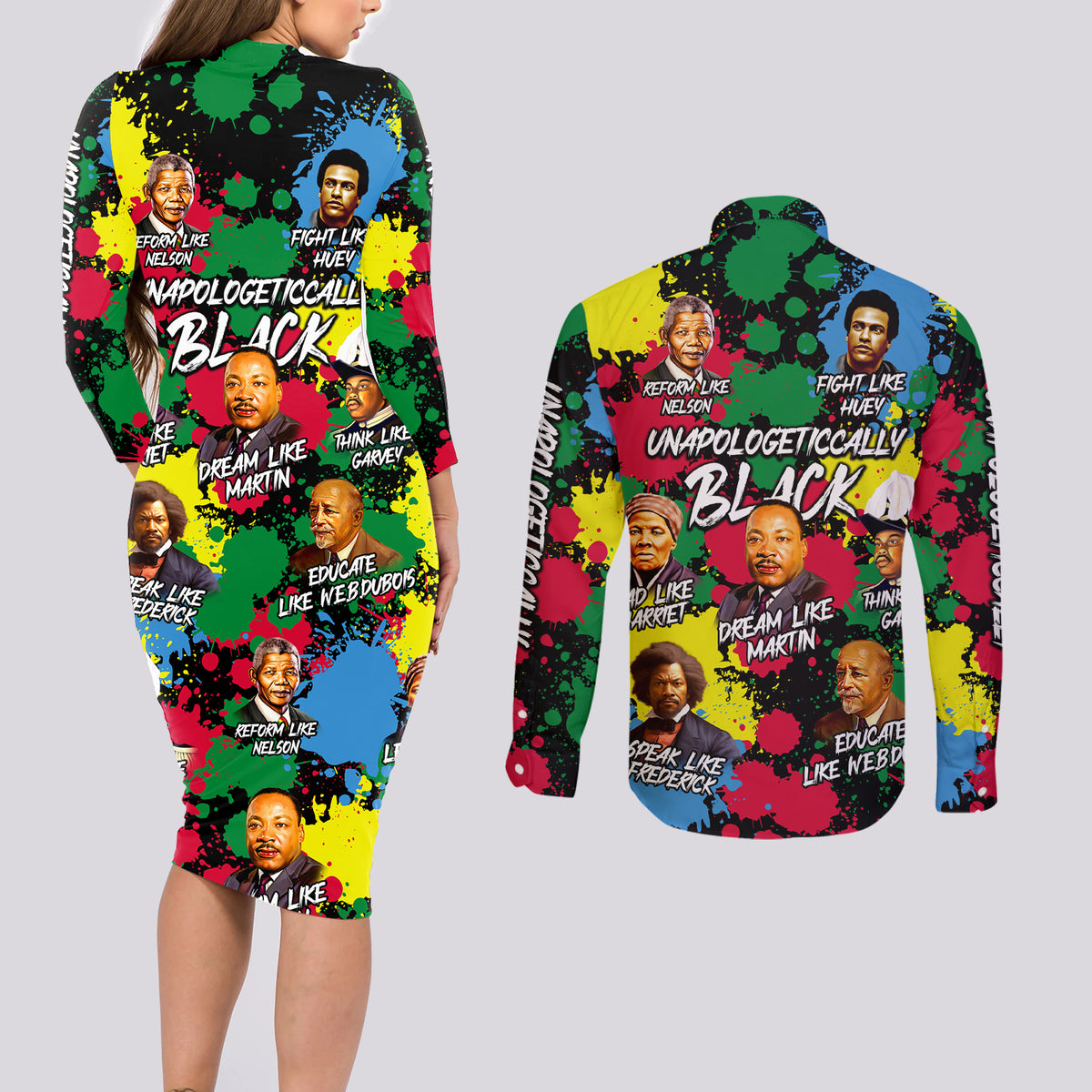 Unapologetically Black Couples Matching Long Sleeve Bodycon Dress and Long Sleeve Button Shirt Civil Rights Leaders - Wonder Print Shop