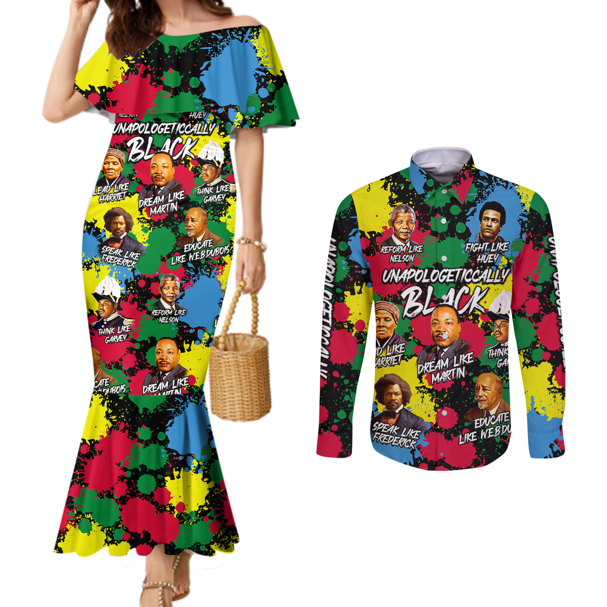 Unapologetically Black Couples Matching Mermaid Dress and Long Sleeve Button Shirt Civil Rights Leaders