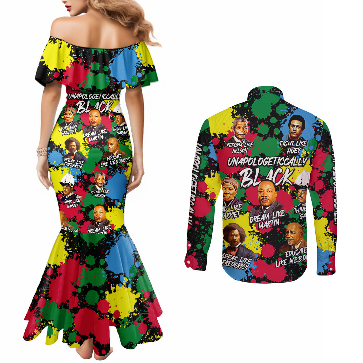 Unapologetically Black Couples Matching Mermaid Dress and Long Sleeve Button Shirt Civil Rights Leaders