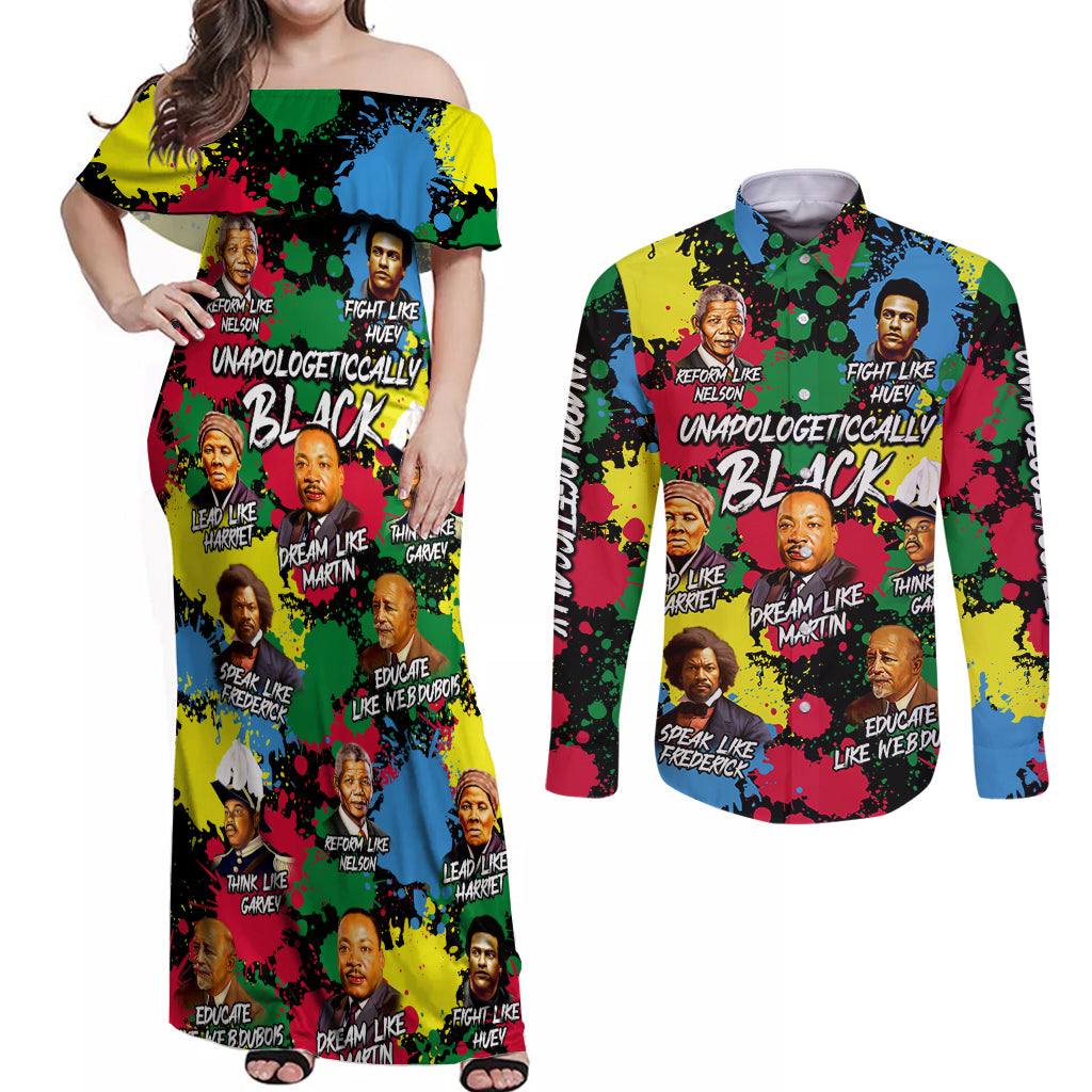Unapologetically Black Couples Matching Off Shoulder Maxi Dress and Long Sleeve Button Shirt Civil Rights Leaders - Wonder Print Shop