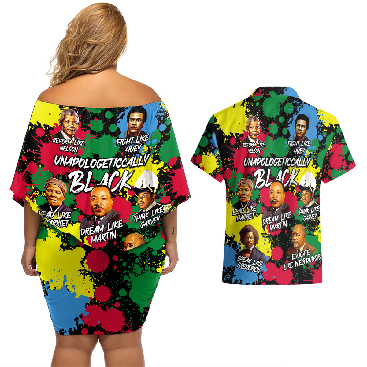 Unapologetically Black Couples Matching Off Shoulder Short Dress and Hawaiian Shirt Civil Rights Leaders - Wonder Print Shop