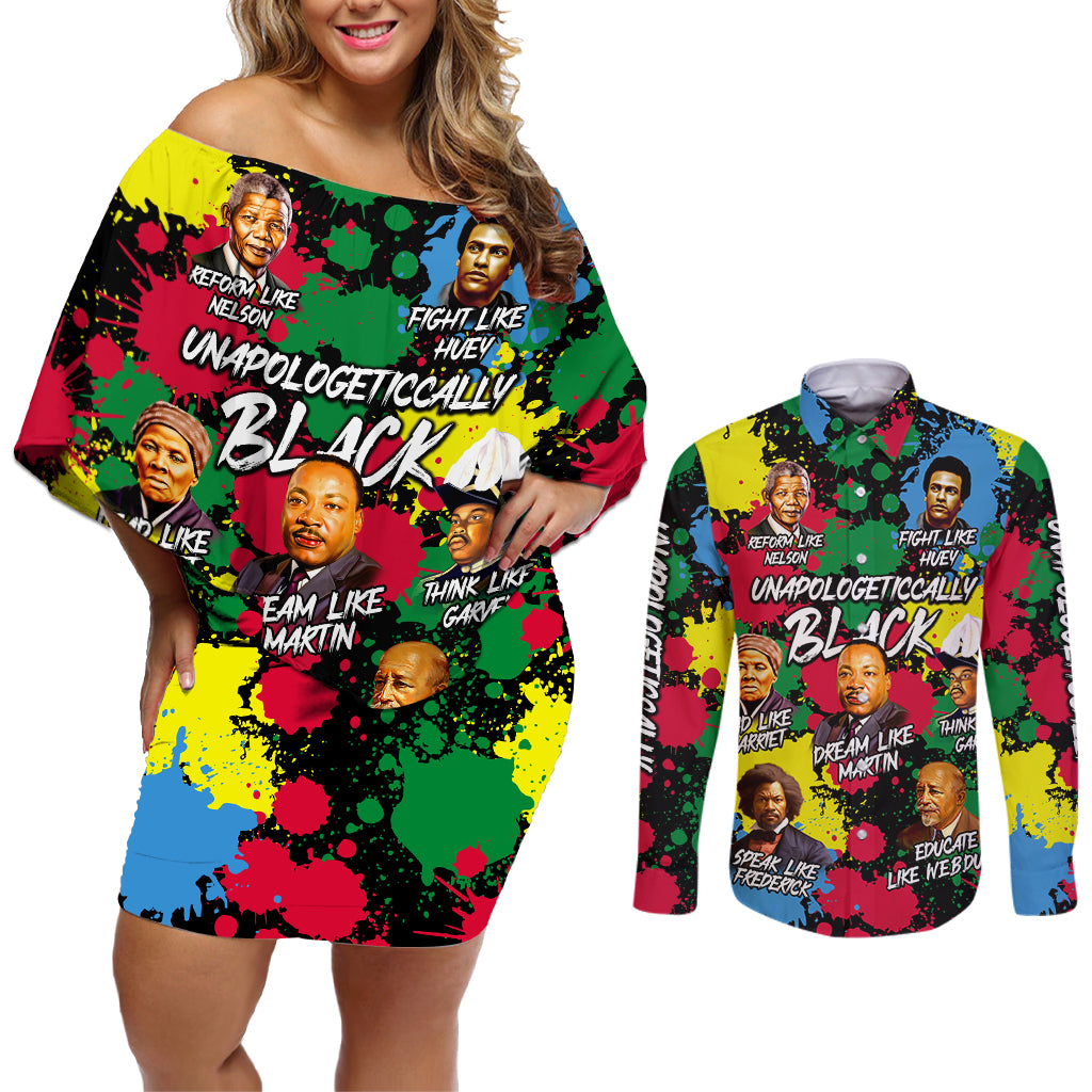 Unapologetically Black Couples Matching Off Shoulder Short Dress and Long Sleeve Button Shirt Civil Rights Leaders - Wonder Print Shop