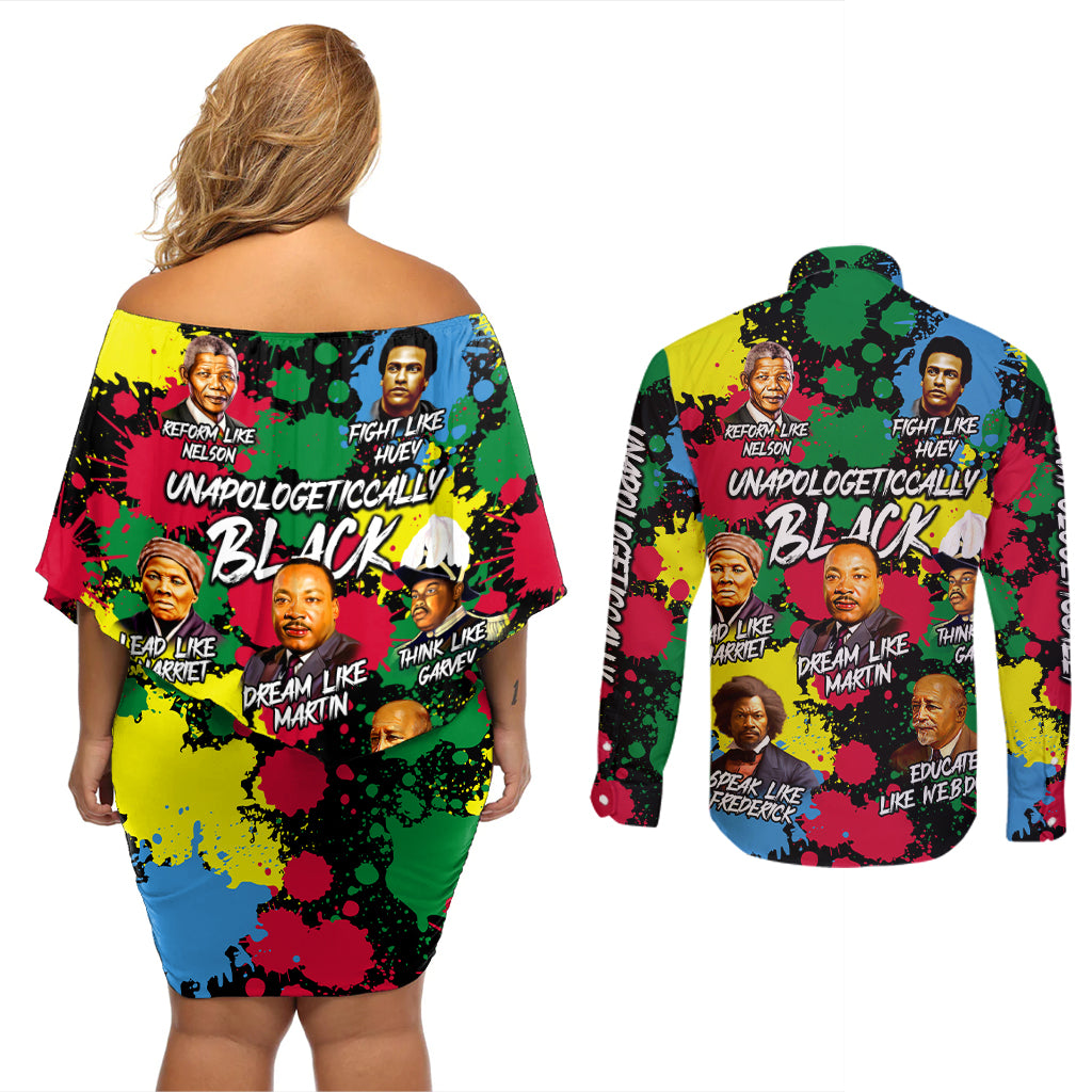 Unapologetically Black Couples Matching Off Shoulder Short Dress and Long Sleeve Button Shirt Civil Rights Leaders - Wonder Print Shop