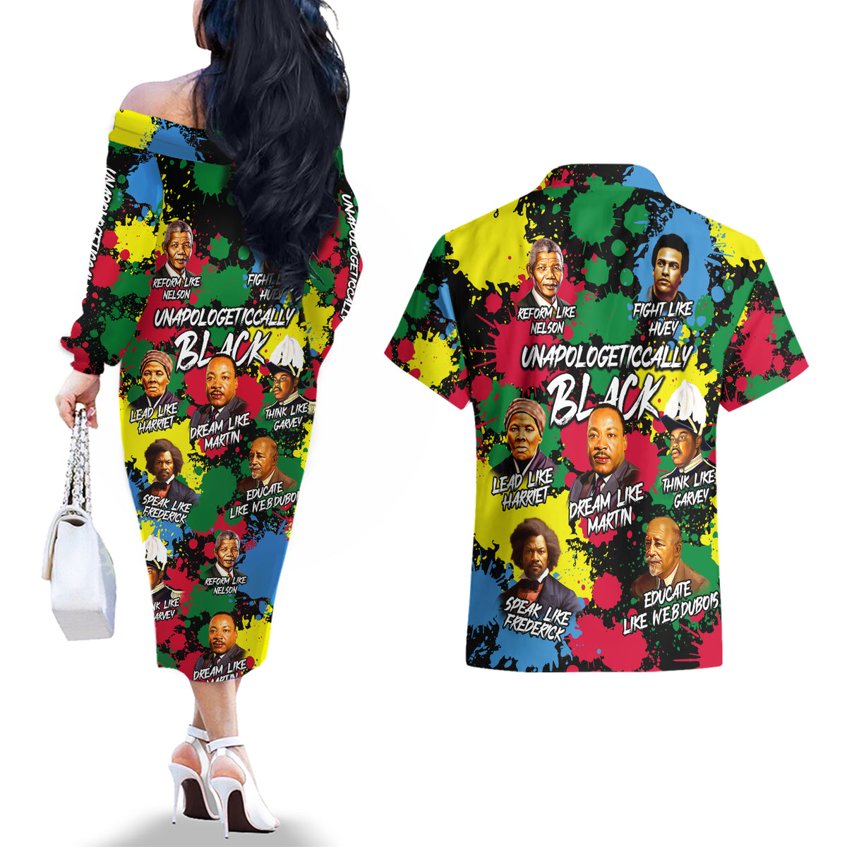 Unapologetically Black Couples Matching Off The Shoulder Long Sleeve Dress and Hawaiian Shirt Civil Rights Leaders - Wonder Print Shop